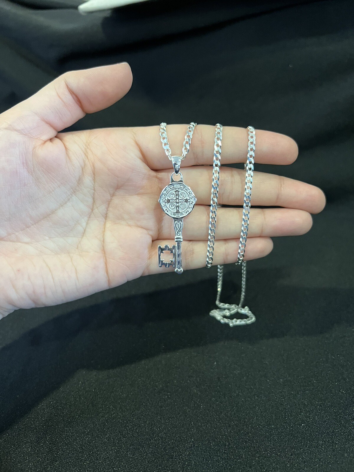 925 Sterling Silver Men St Benedict Key San Benito Llave & Curb Chain 20 24 30
