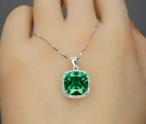 3Ct Cushion Cut Green Emerald Halo Pendant 14k White Gold Finish Free 18″ Chain