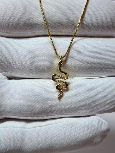 0.20Ct Round Cut Real Moissanite Snake Pendant Necklace 14K Yellow Gold Plated