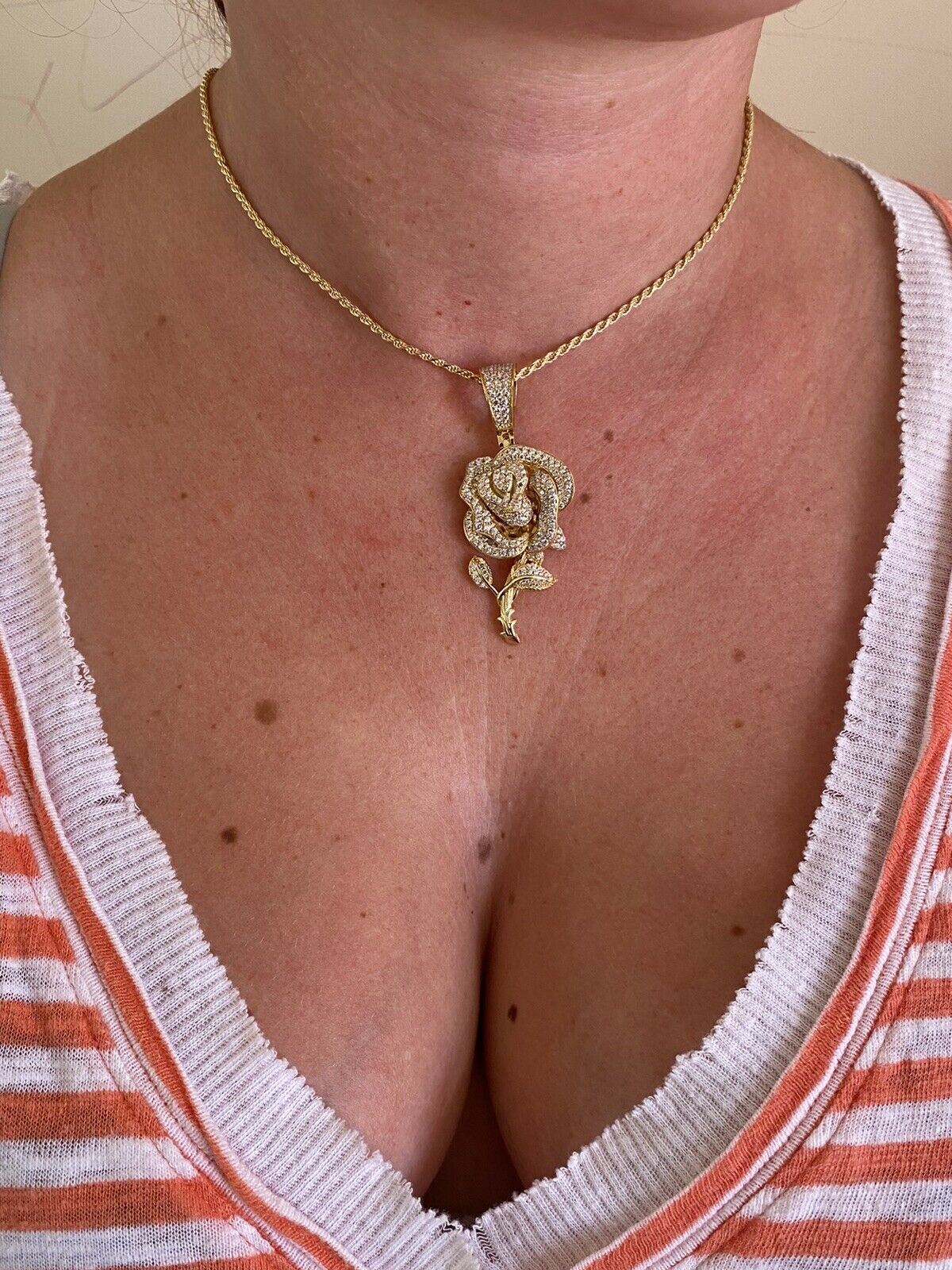Real MOISSANITE 925 Silver Rose Flower Pendant Necklace 14k Gold Plated Iced