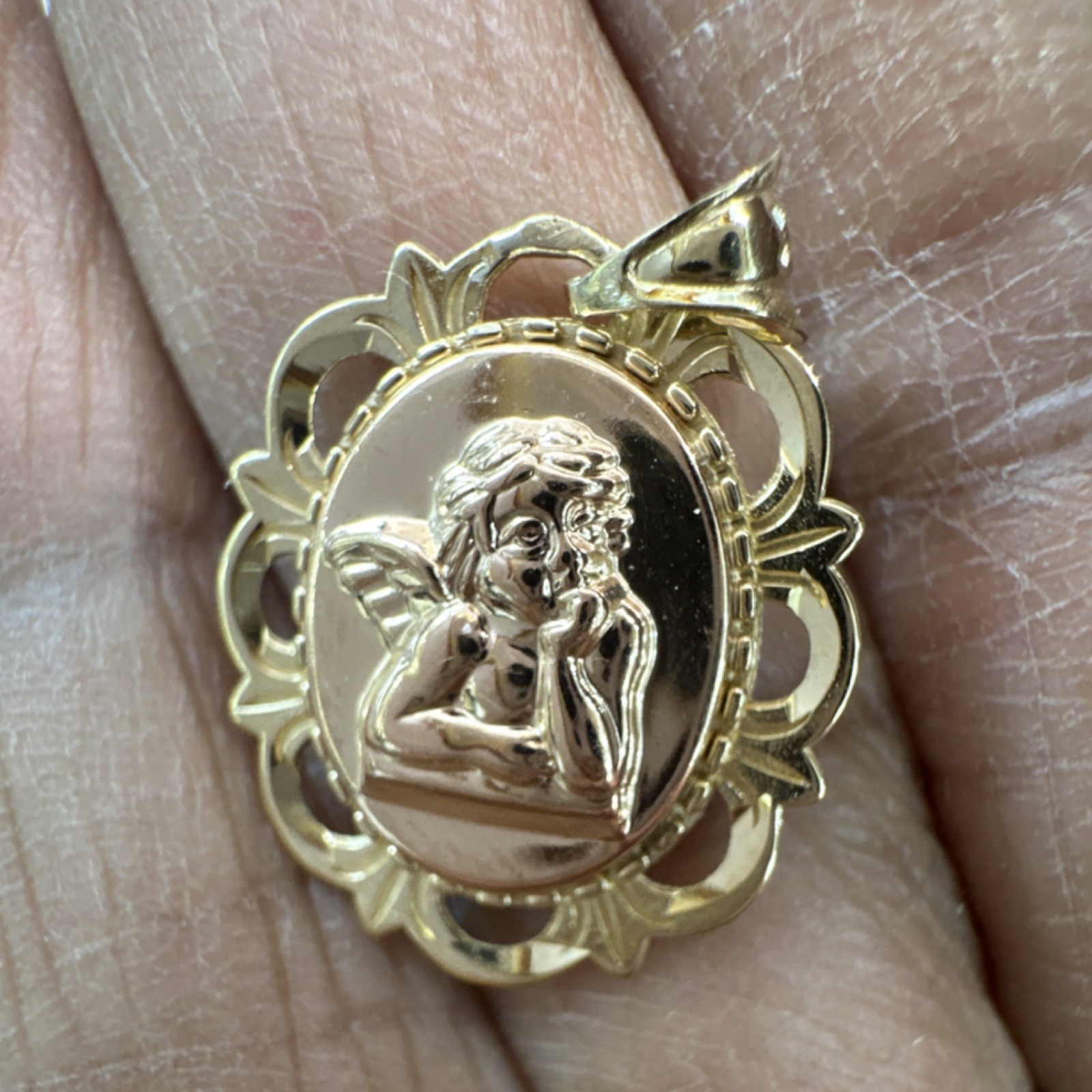 Yellow Gold 14k Oval Pendant Guardian Angel Engraved Religious Charm