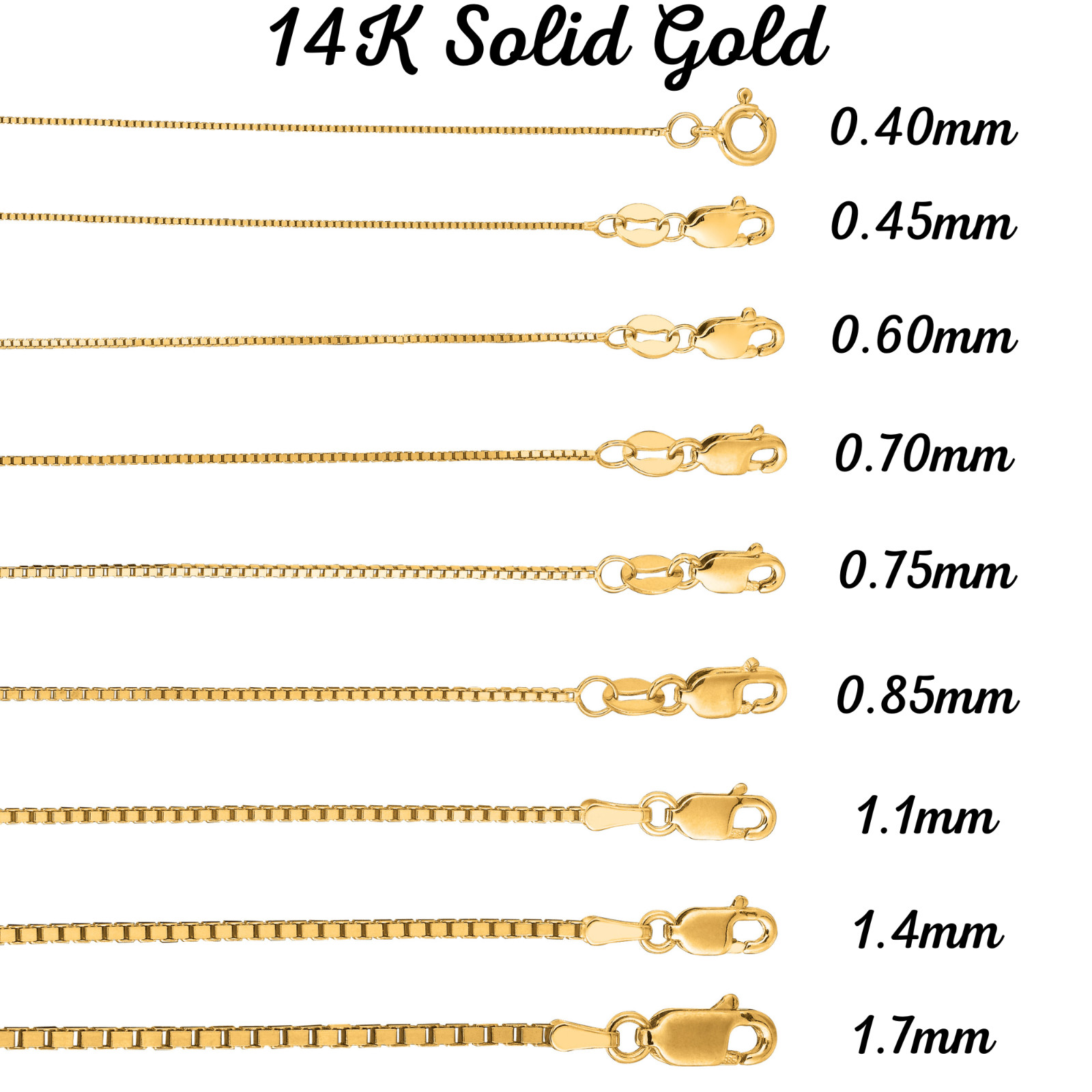 14K Solid Yellow Gold Box Necklace Real Gold Chain All Lengths & sizes