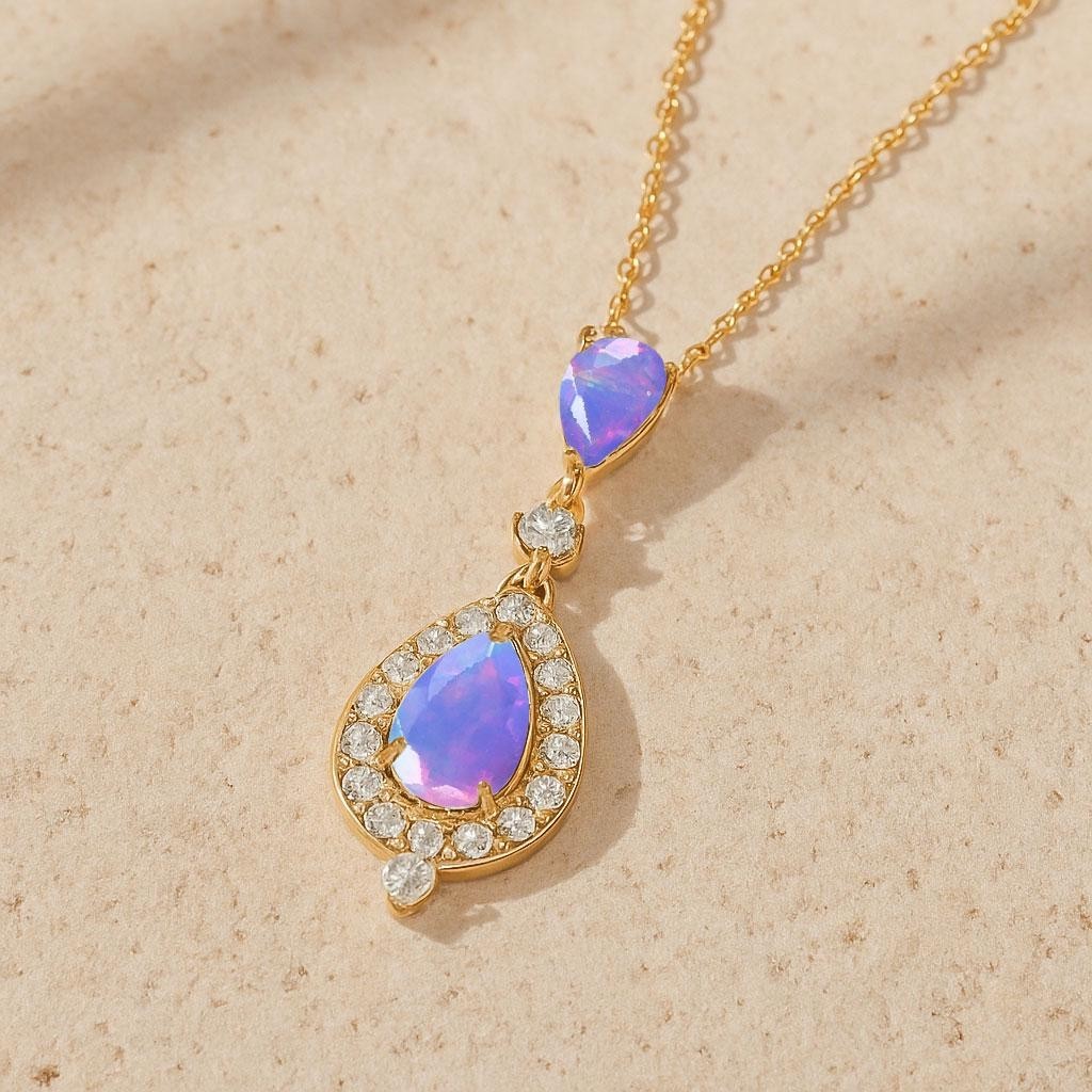 Lavender Fire Opal Gemstone Long Charm Pendant, AAA Opal Chain Pendant Necklace