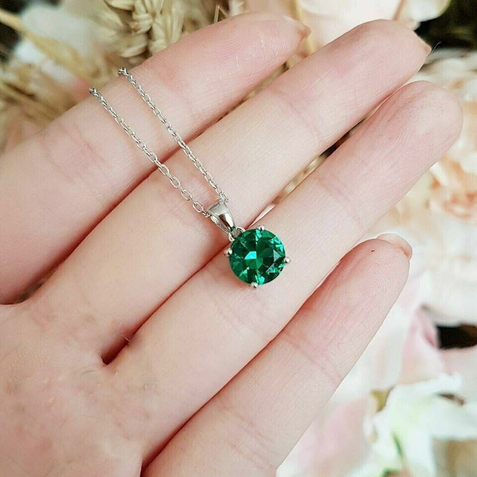 3CT Lab Created Green Emerald Pendant Necklace With Chain 14k White Gold Plated