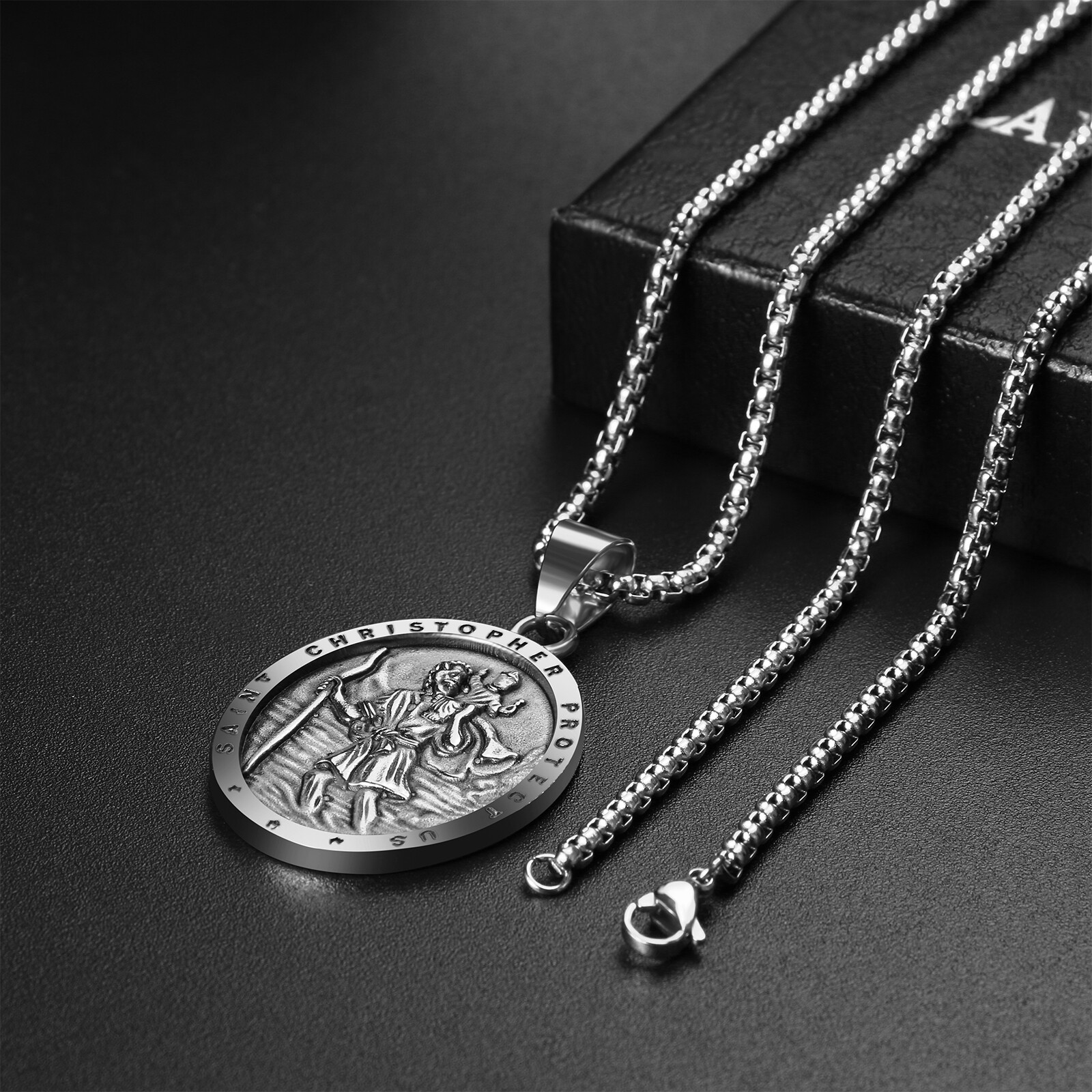 Men Shield Medal Pendant Traveler St Christopher Angel Religious Amulet Necklace
