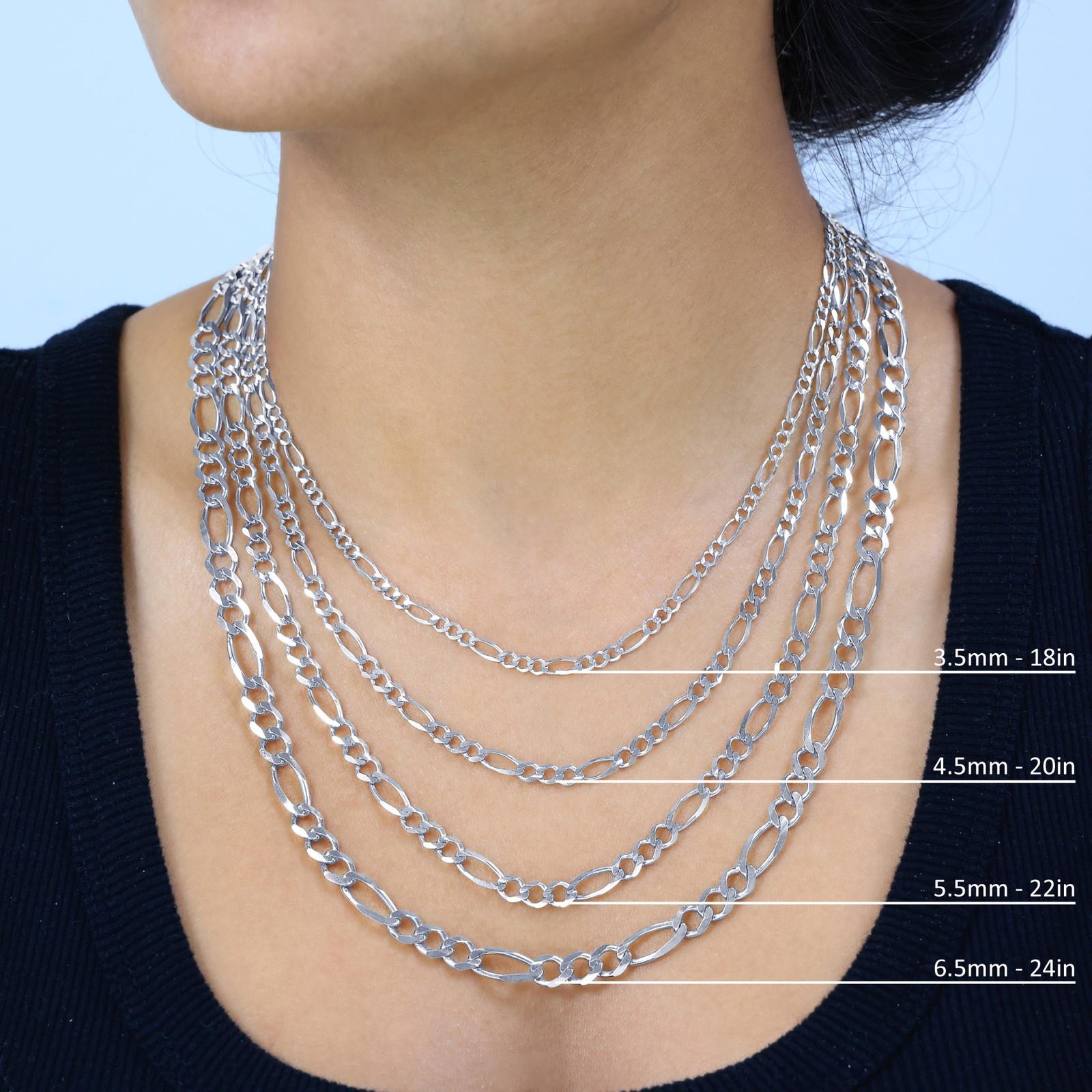 10K White Gold Solid 2.25mm-6.5mm Figaro Chain Necklace Mens Womens 16″- 30″