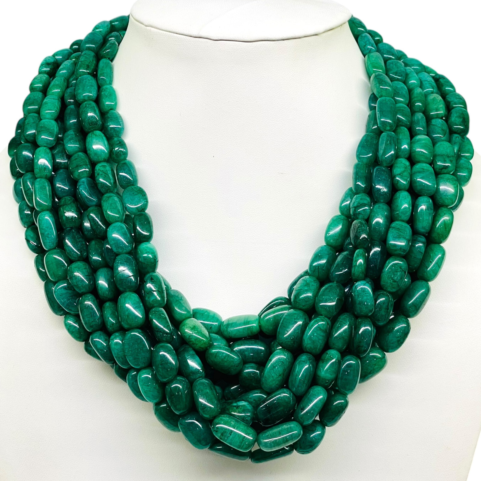 18 Inch Single Strand Natural Emerald 8.5-11.5mm Tumble Beads Necklace 925 Clasp