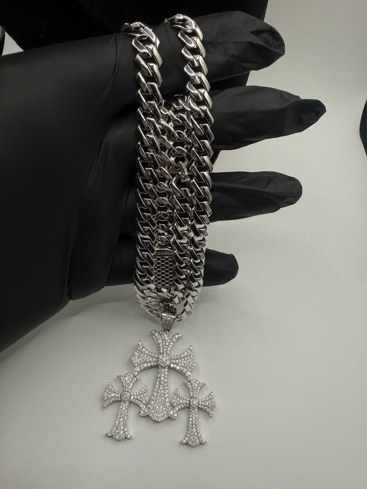 9mm 22 Rhodium Miami Cuban Heavy Chain Sterling Silver W Moissanite Pendant 22″