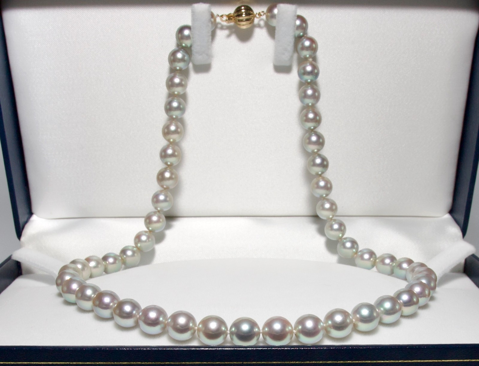 8-8.5mm Round Silver-Rose Japanese Akoya Pearl Necklace 14K Yellow Gold Clasp18″