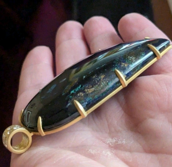 10k Yellow Gold Diamond Bail Blue Azurite Gemstone Large Pendant OOAK Women’s