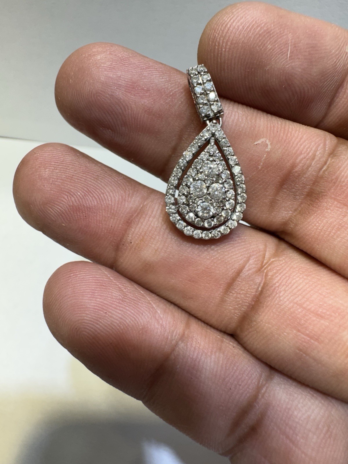 Real 14k White Gold Natural Diamond round cut 1.25ctw Cluster Pendant Teardrop
