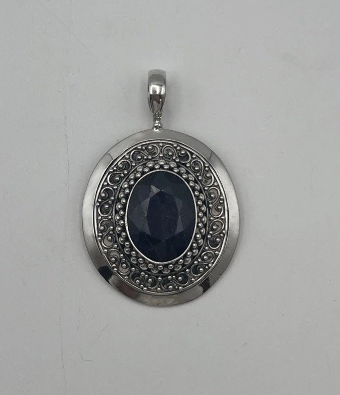 925 Sterling Dark Blue Sodalite Faceted Oval Statement Pendant 2.25” Signed BNY