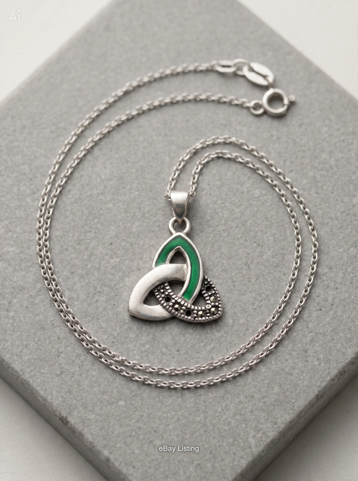 Sterling Silver Celtic Trinity Knot Pendant Necklace Green Enamel READ