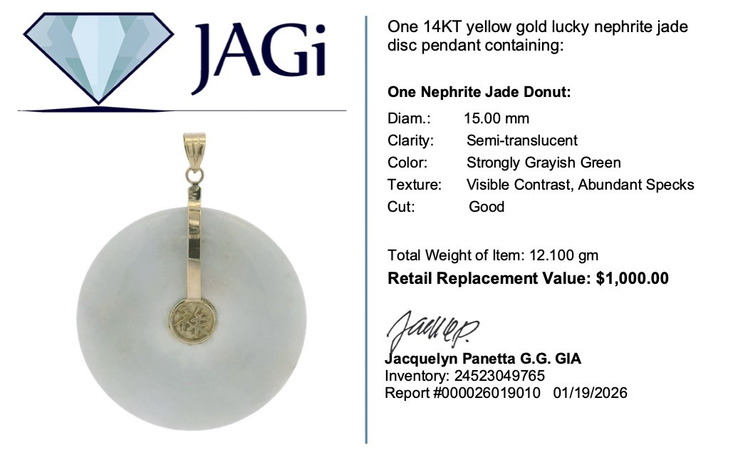 15mm Lucky Nephrite Jade Donut Pendant without Chain 14k Yellow Gold 12.06 Grams