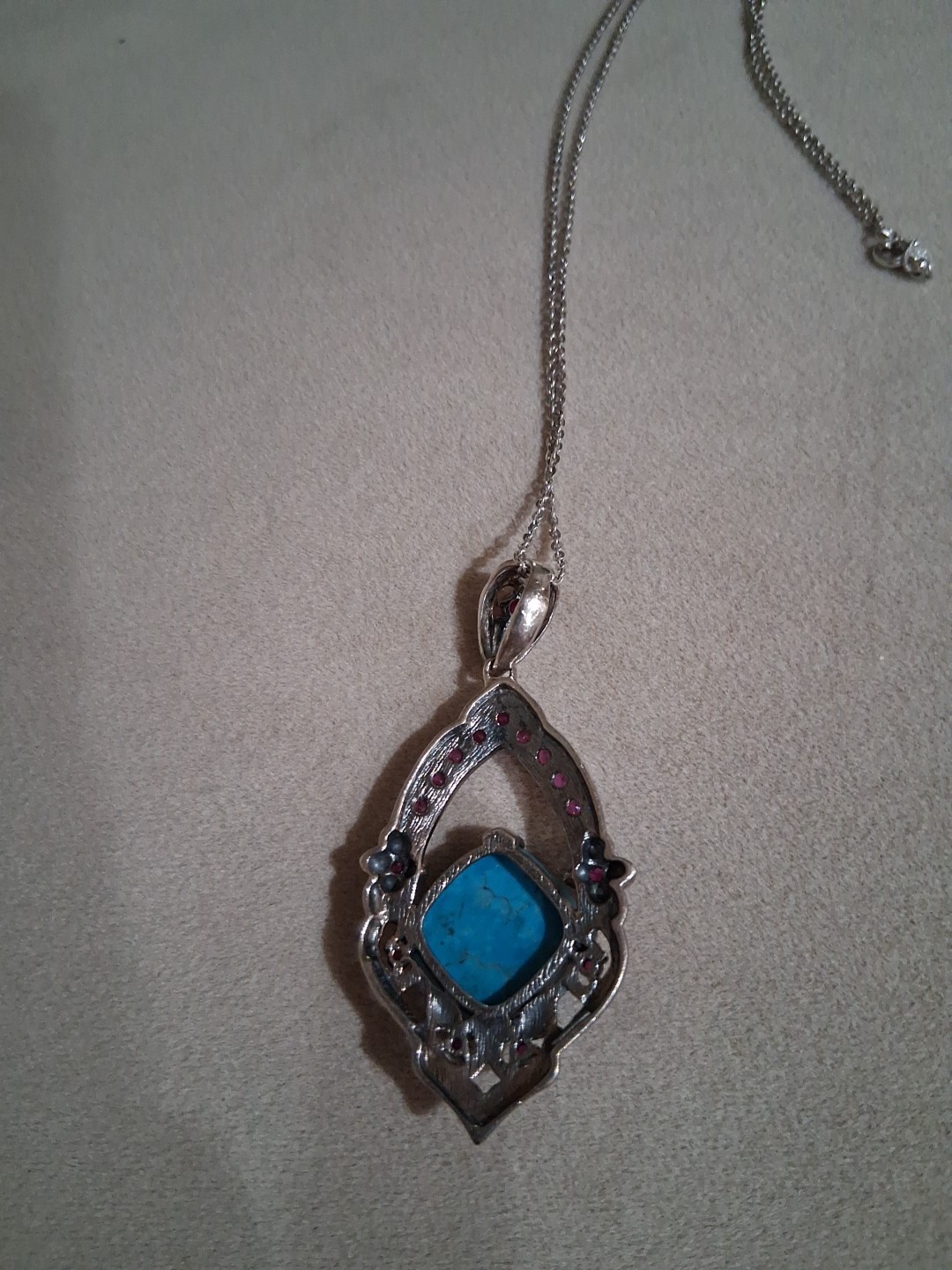 Turquoise & Garnet Sterling Silver Pendant Necklace Very Good Condition
