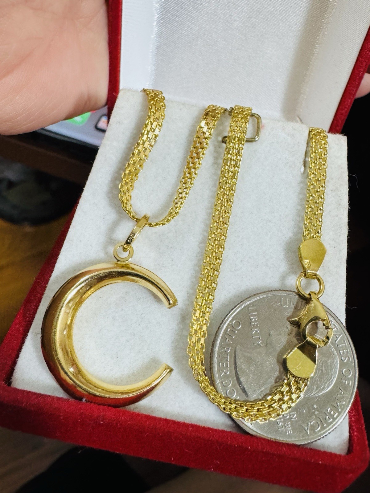 18K 750 Fine Genuine Gold Half Moon/Letter C Necklace 21.6/22” Long 12g 3.8mm