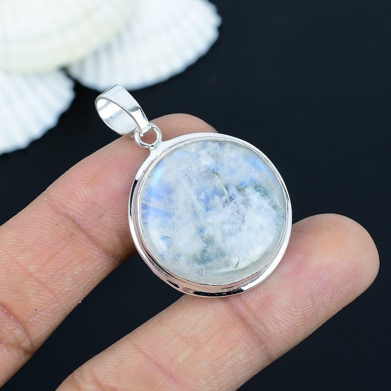 Natural Rainbow Moonstone Gemstone Pendant 925 Sterling Silver Handmade Jewelry