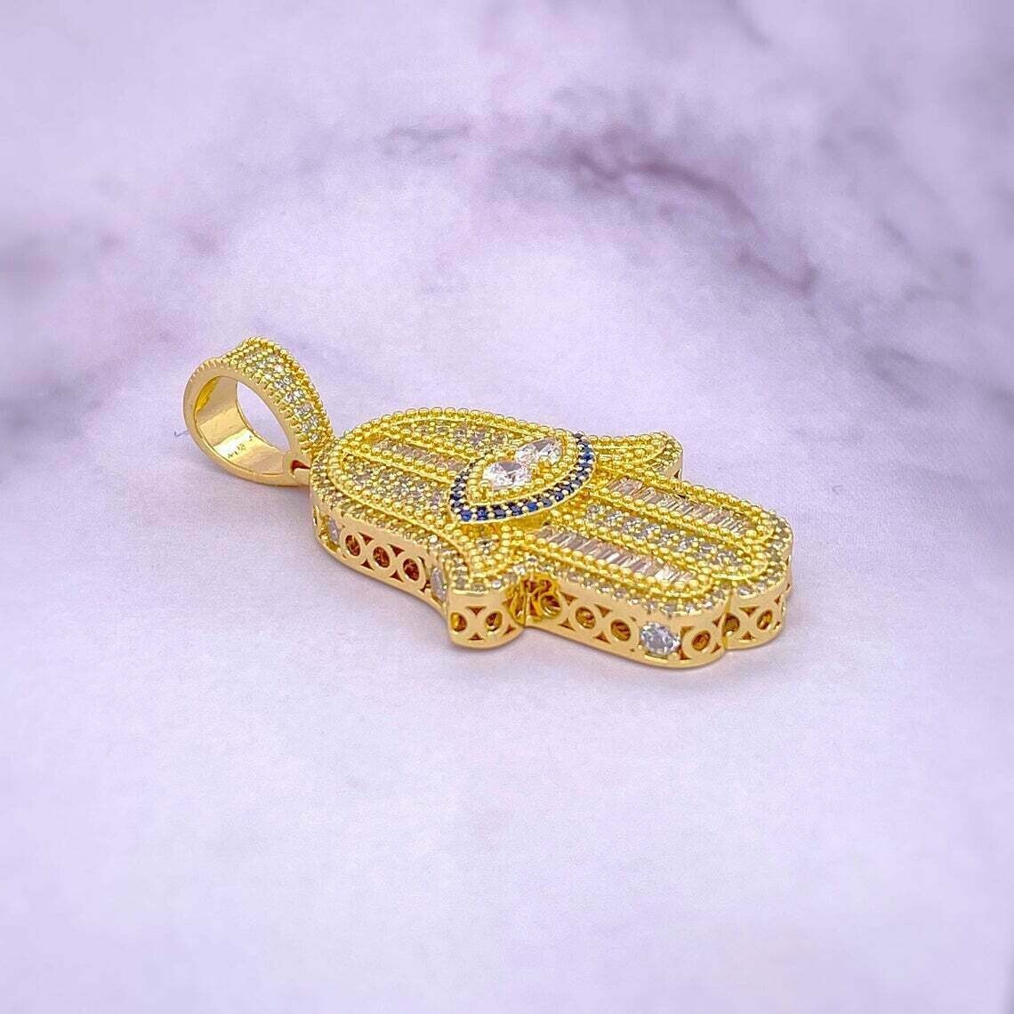 Men’s 14k Yellow Gold Finish D/VVS1 Diamond Hamsa Hand Pendant Charm 2.70 Carat