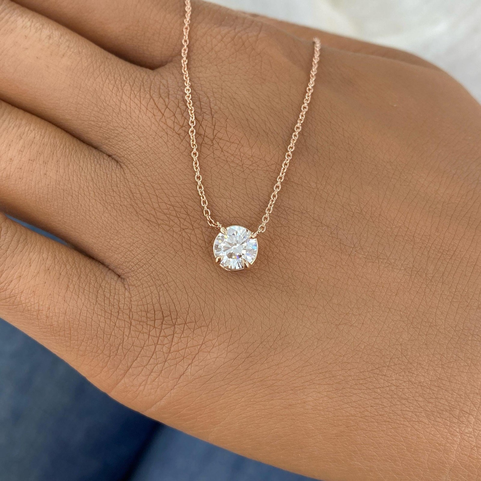 14K Rose Gold Solitaire Necklace 1ct Round E/VVS2 Labcreated Diamond Certified