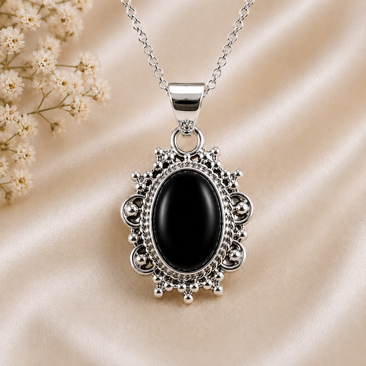 925 Sterling Silver Black Onyx Oval Pendant Necklace Vintage Handmade Women
