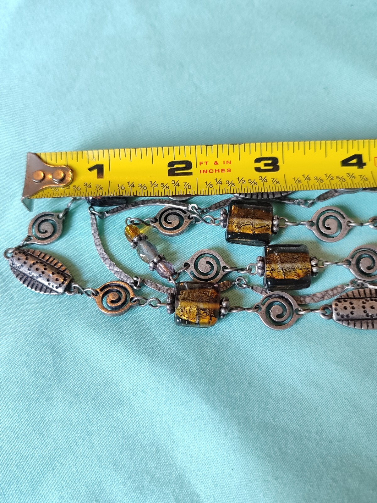 Sterling Silver 925 Multi Strand Bar Link Necklace With Amber Art Glass Boho