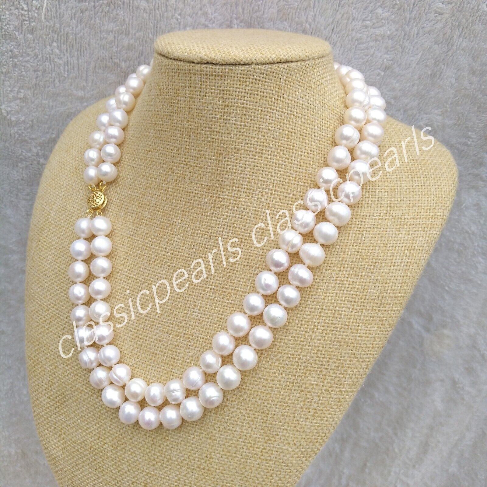 Double Strands AAA 10-11mm Baroque SOUTH SEA White Pearl Necklace 14k Gold P