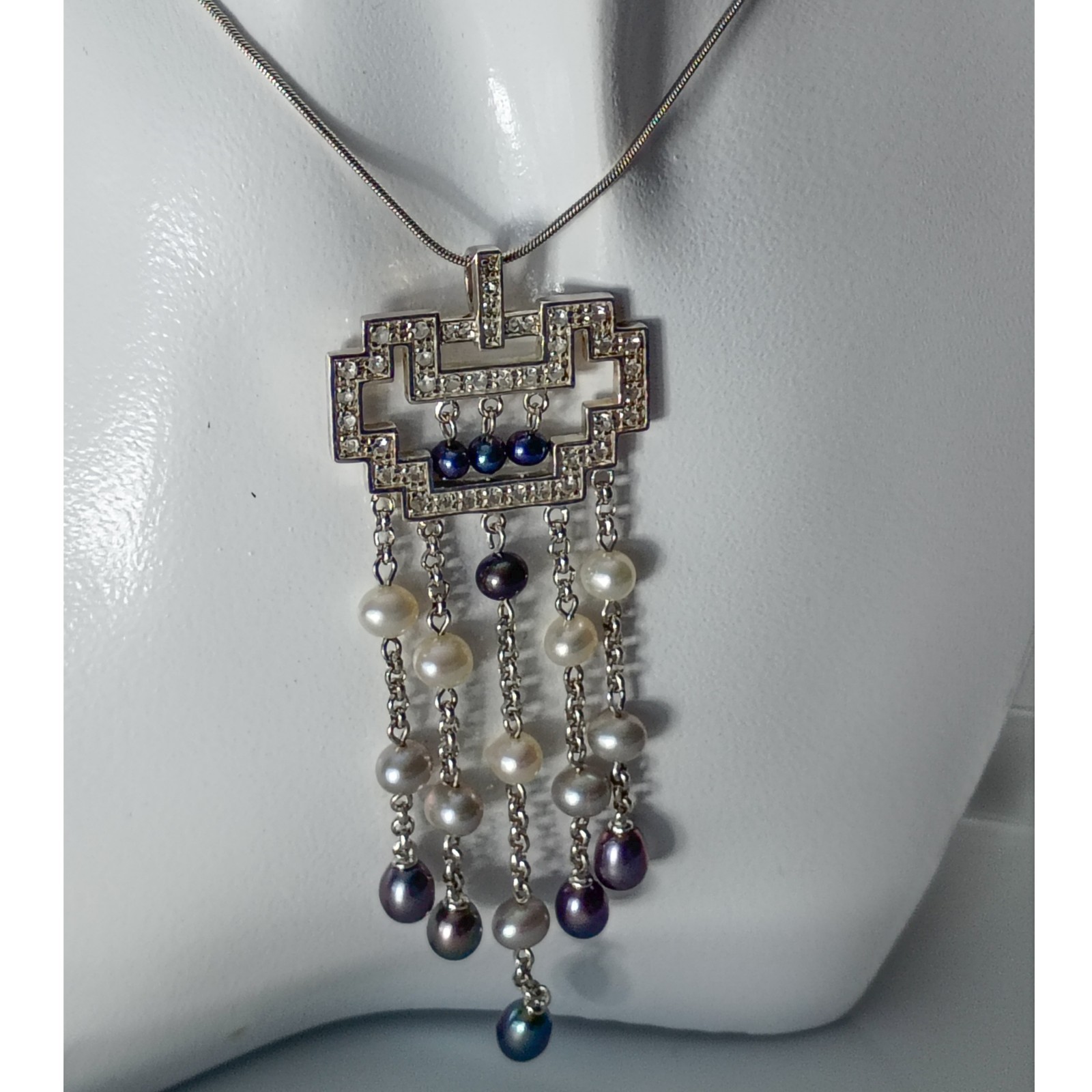 925 Sterling Silver & Pearl Deco Style Dangle Pendant Necklace 19″