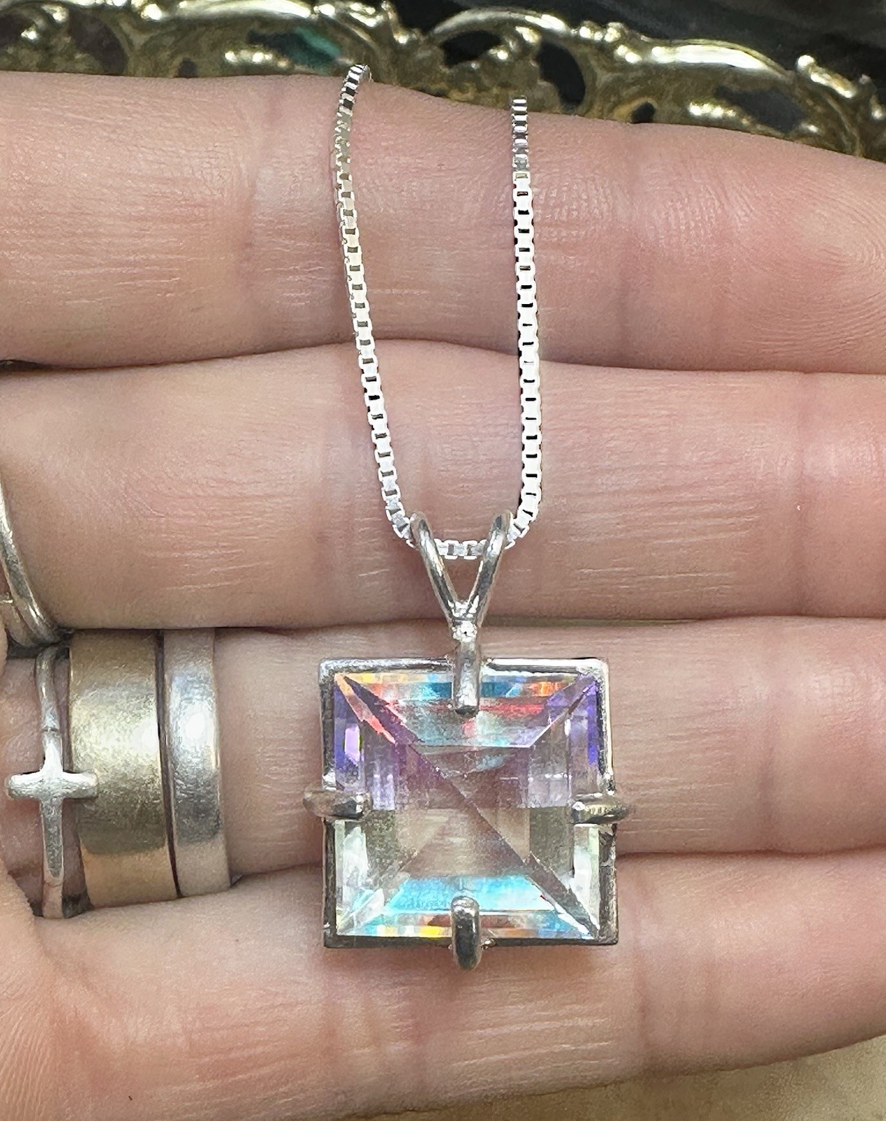 Lovely Rainbow Mystic Quartz Lab Created 14 Ct 925 Silver Necklace 20 In