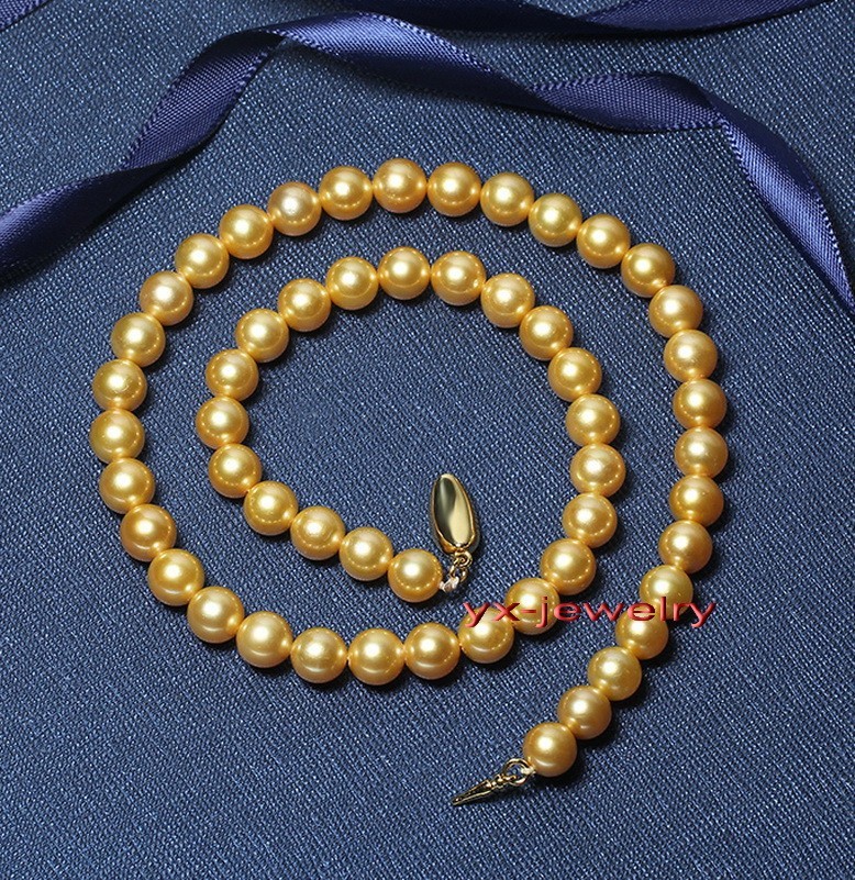 AAAAA round 18″9-10mm REAL natural south sea deep golden pearl necklace 14K gold