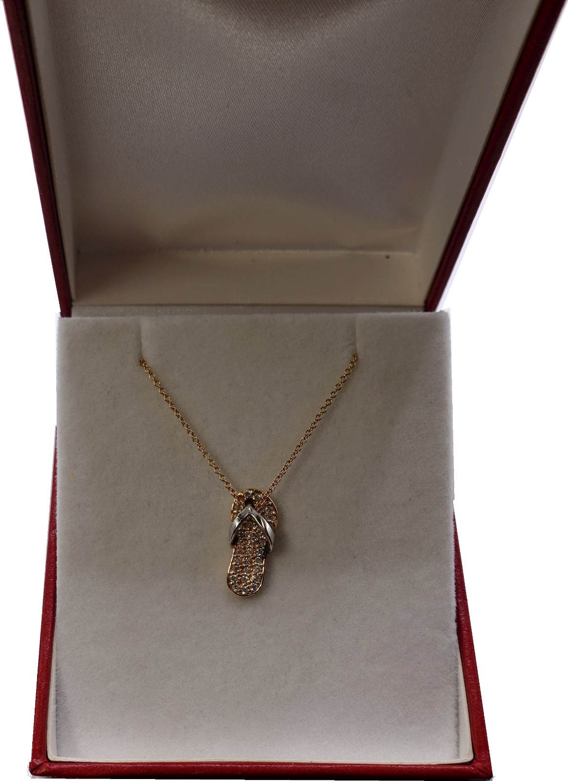 Lady’s petite 14k two tone gold pave diamond sandal flipflop pendant necklace 19