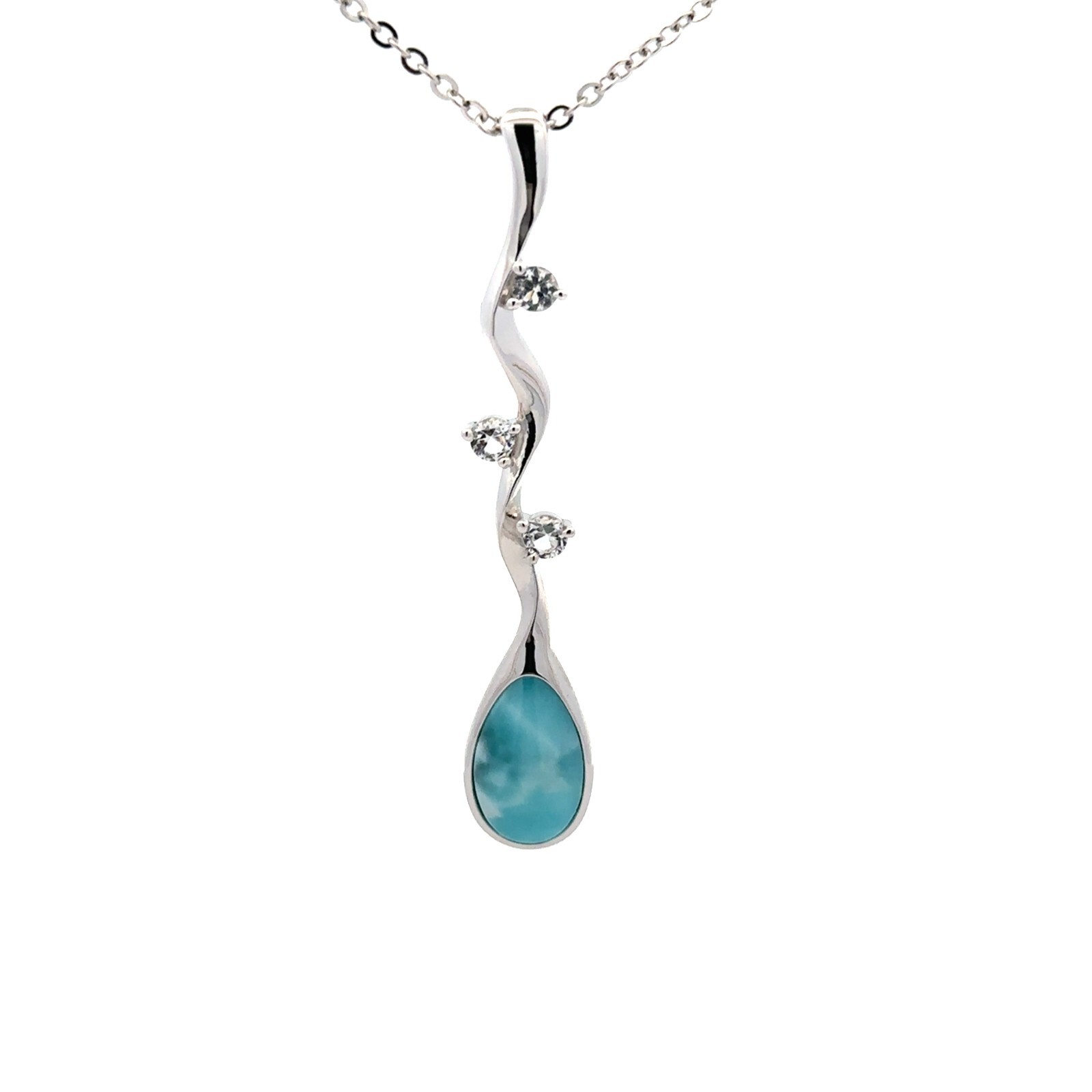 Sterling Silver Larimar And CZ Necklace (3/8 x 2 Inch)–Chain 18+1 Inch