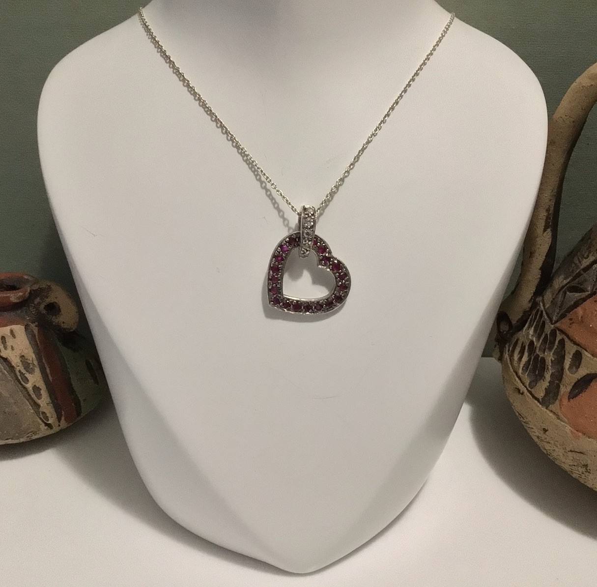 VTG Branded 925 Sterling Silver Ruby Heart Pendant w CZ Bail Necklace 16” EUC 4g