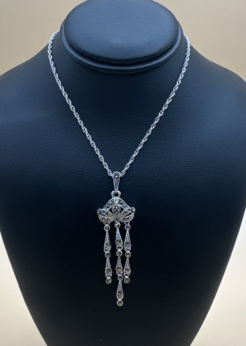 925 Sterling Silver Art Deco Style Marcasite Dangle Drop Pendant Necklace