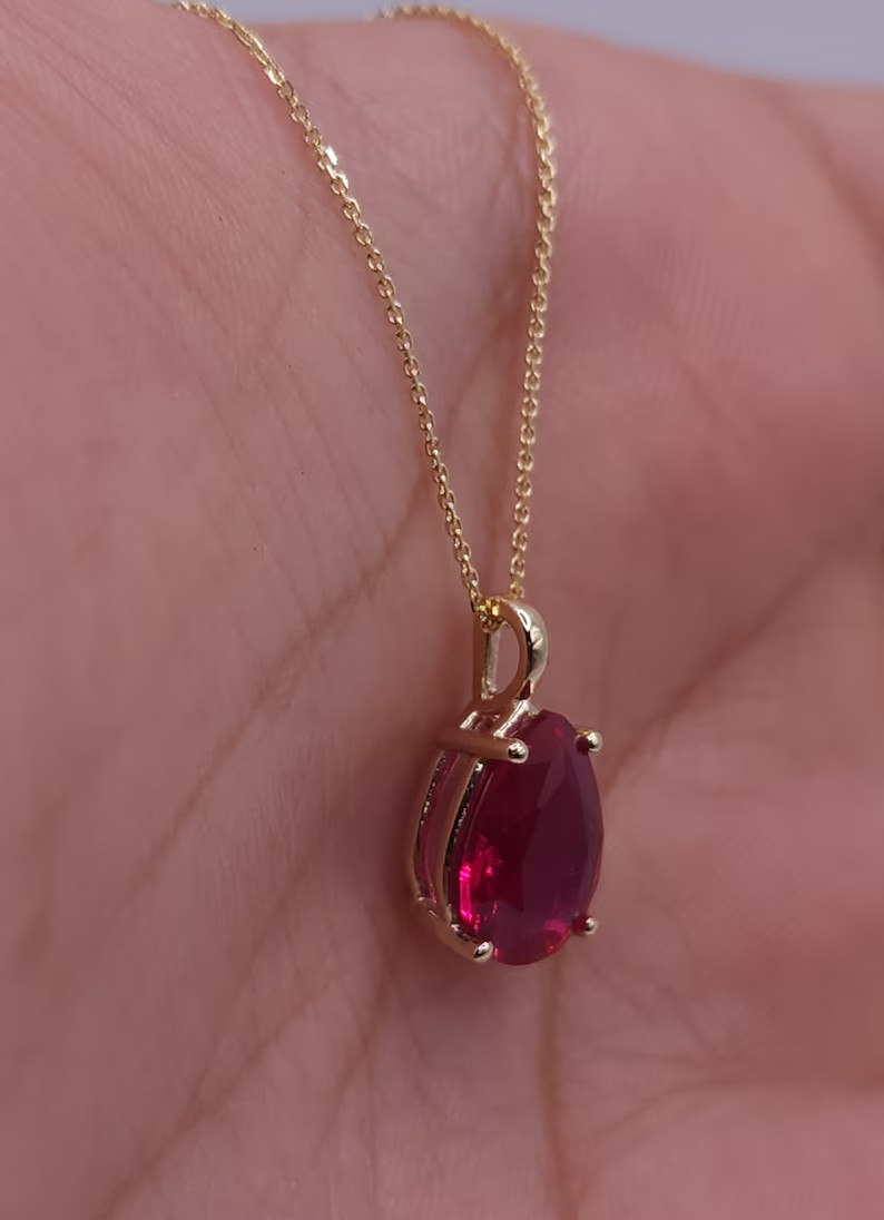 3Ct Created Red Ruby Pear Shape Pendant 14K Yellow Gold Plated W/F Chain 18”