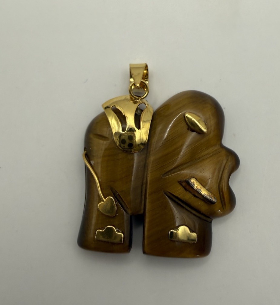 Large Solid 14K Gold Natural Tiger’s Eye Elephant Pendant For Necklace