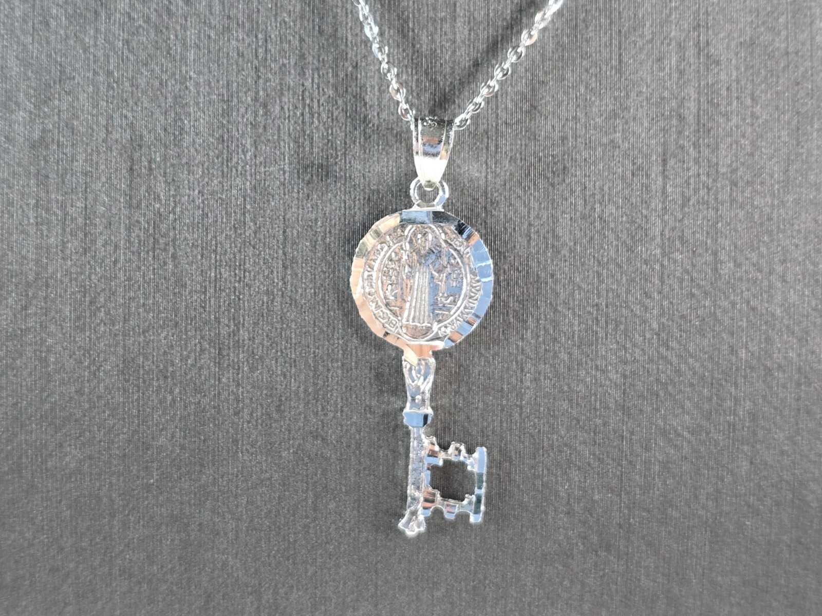 Womens Sterling Silver Religious Saint Benedict Key Pendant Necklace 3.3g E7190