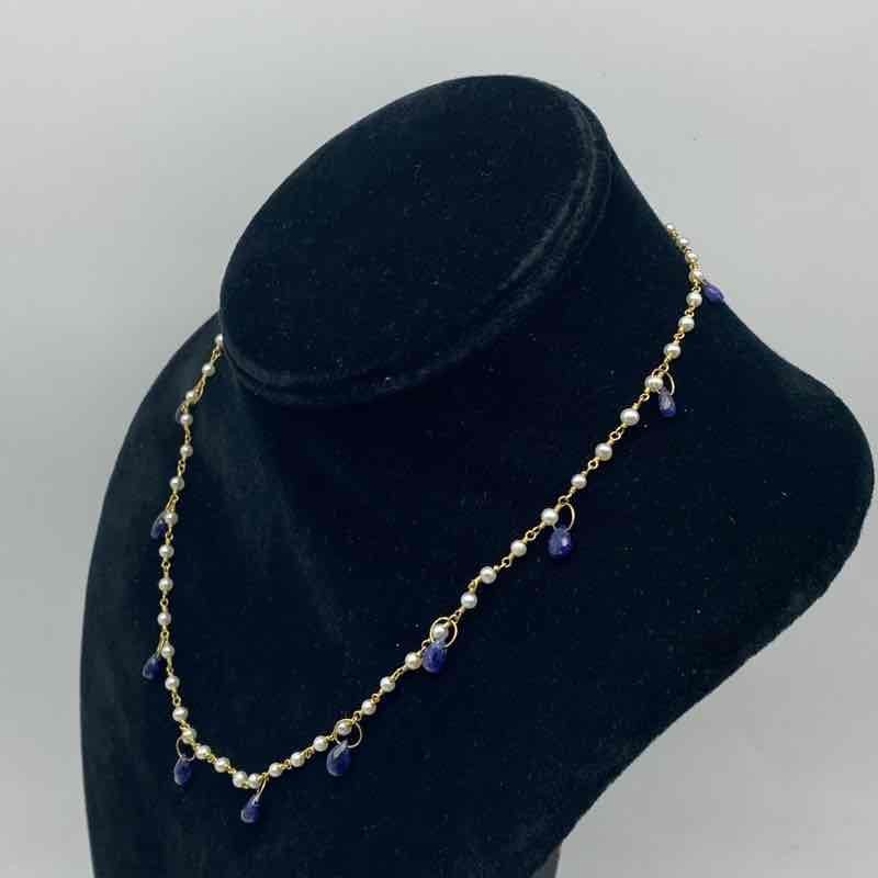 14K Yellow Gold Blue Topaz Pearl Station Dangle Necklace 17.25″ 7.28g