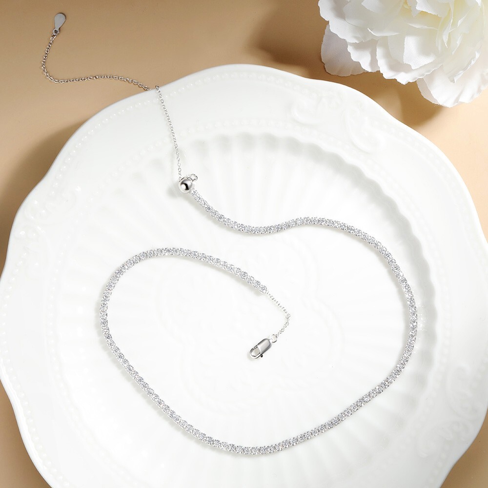 2mm Moissanite Tennis Chain Necklace 925 Sterling Silver Plated 14K White Gold