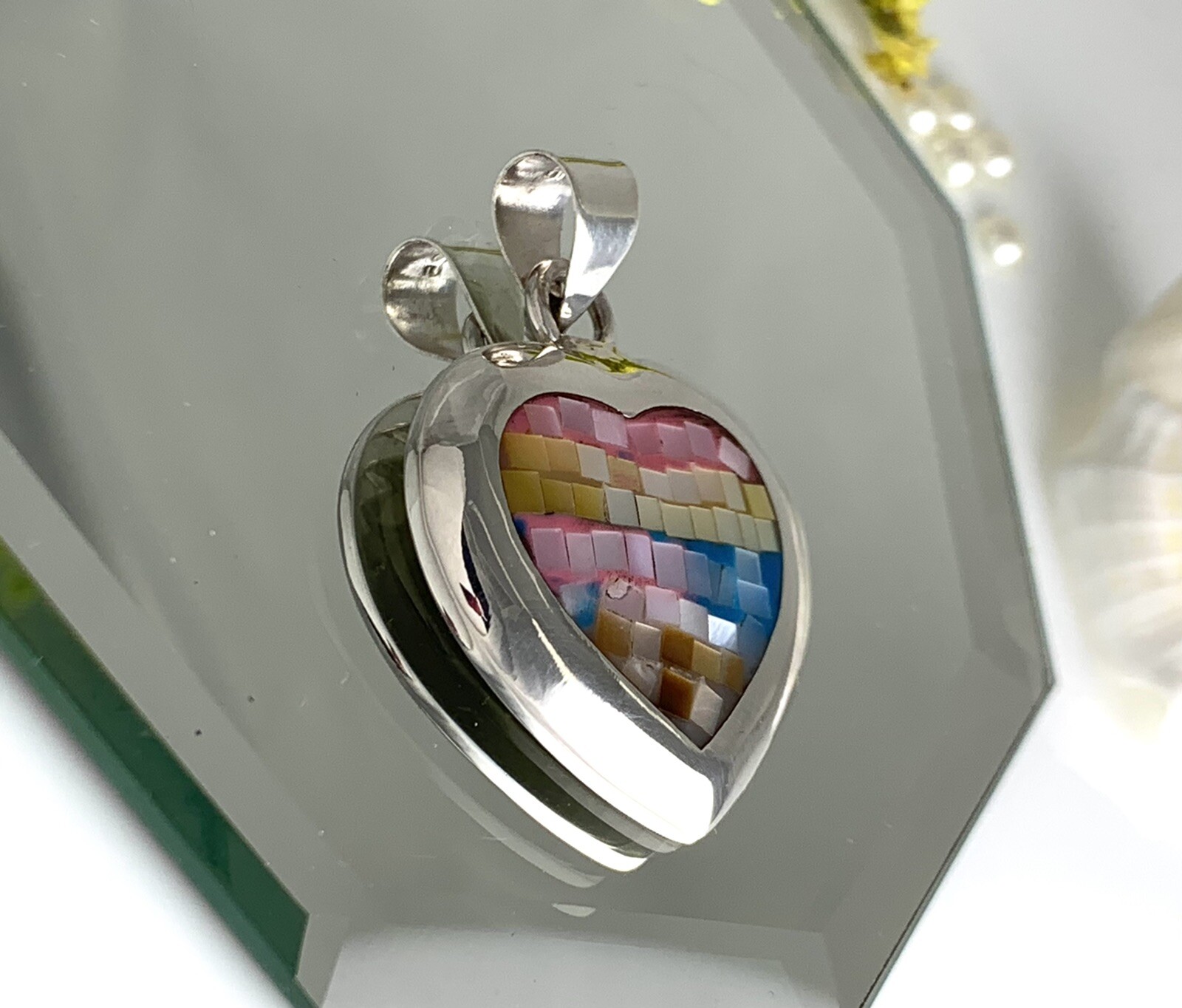 Pendant 925 Sterling Silver HQ Thai ATI Multicolor Mother of Pearl Mosaic Inlay