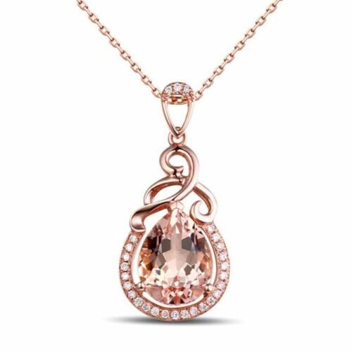3 CT Pear Cut Halo Morganite Drop Shape Pendant Necklace 14K Rose Gold Finish