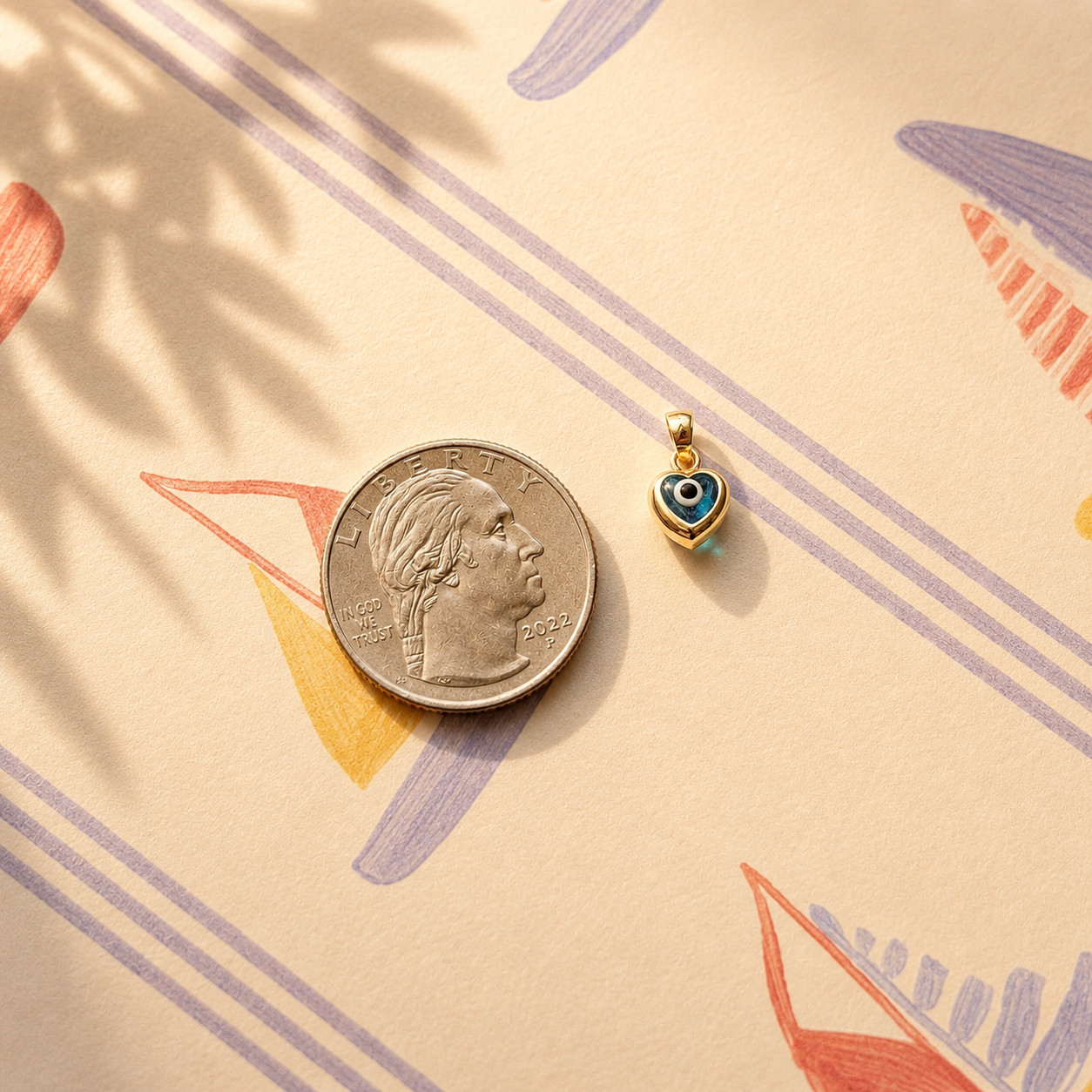 Real Solid 14K Yellow Gold Evil Eye Heart Charm Pendant, Blue Enamel, Gift