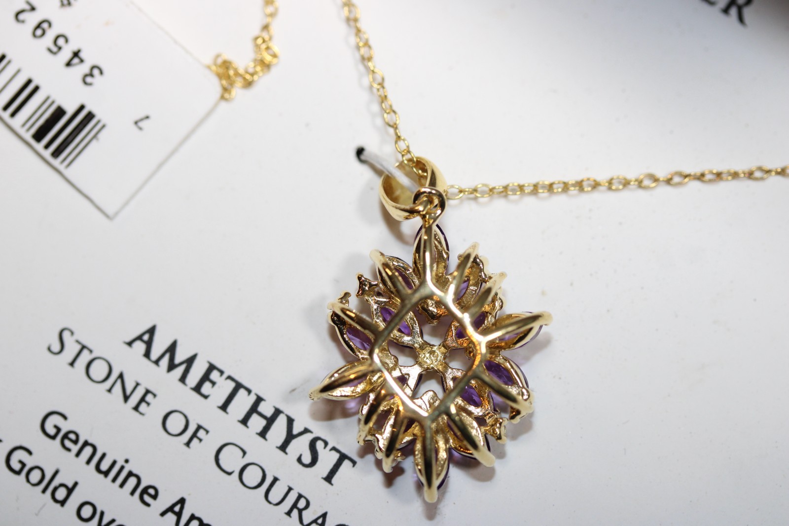 New 18K Gold Cluster Amethyst Diamond Necklace Modern NWT Tear Drop 18″ #121