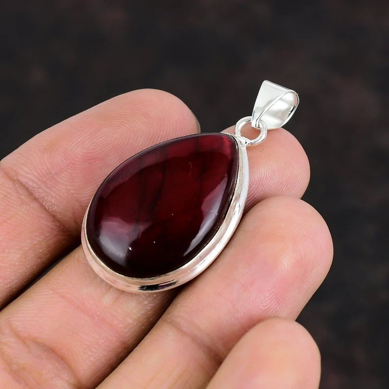 Natural Red Flash Labradorite Pendant Pear Gemstone 925 Sterling Silver Jewelry