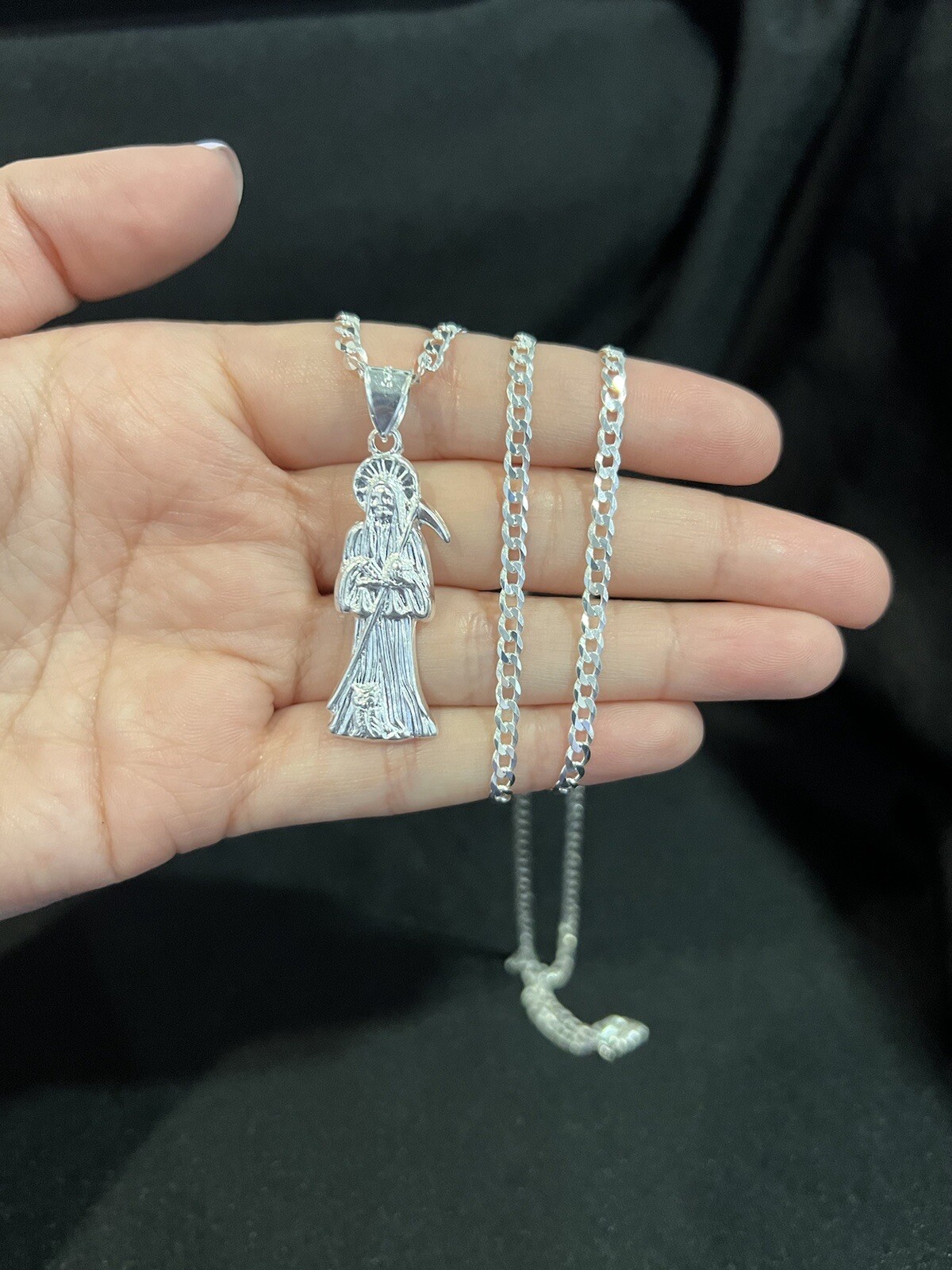 .925 Sterling Silver Womens Small Santa Muerte Grim Reaper & Curb Chain 20 24 30