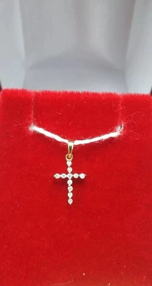 1Ct Round Cut Real Moissanite Baby Cross Pendant 14K Yellow Gold Plated