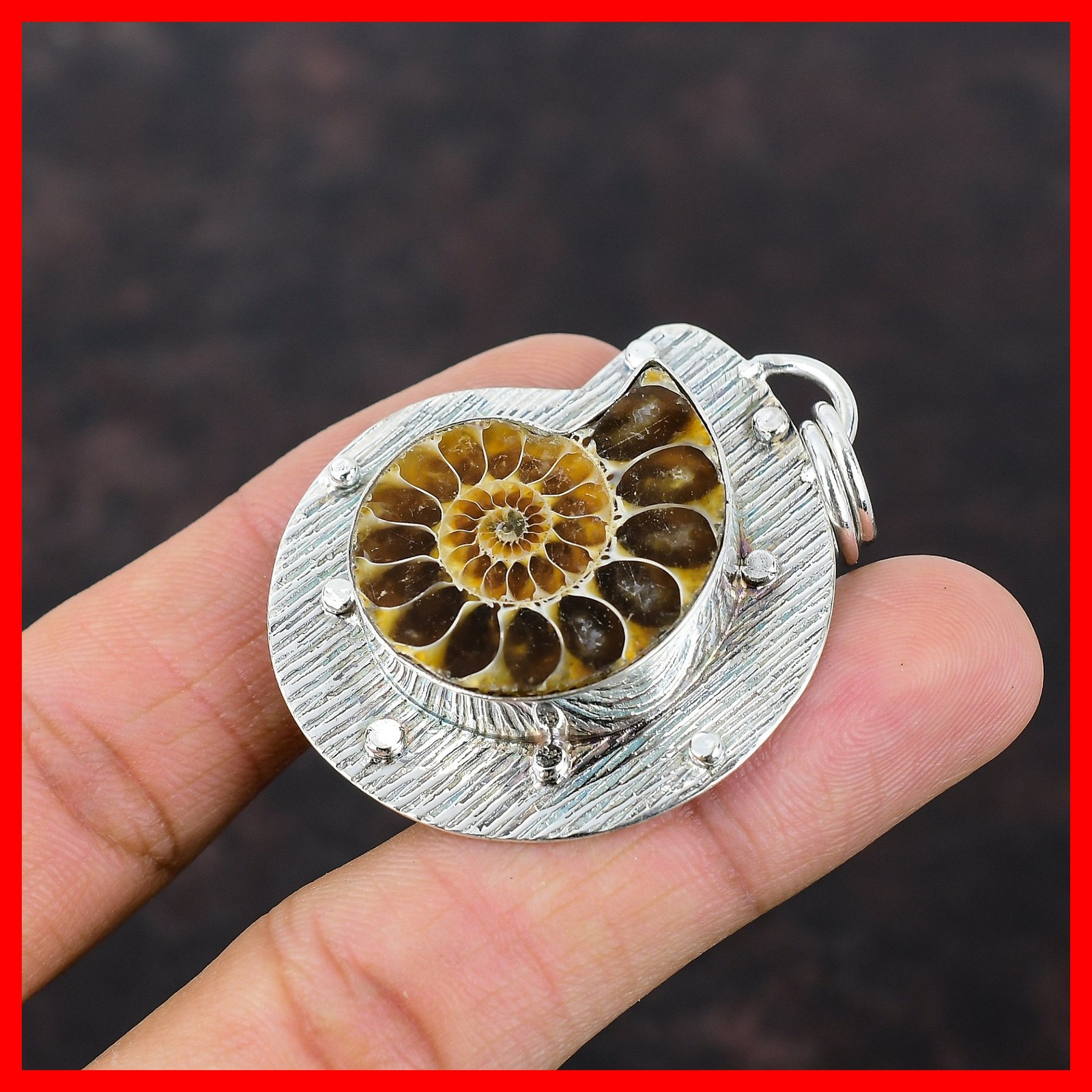 925 Sterling Silver Pear Ammonite Fossil Gemstone Handmade Anniversary Pendant