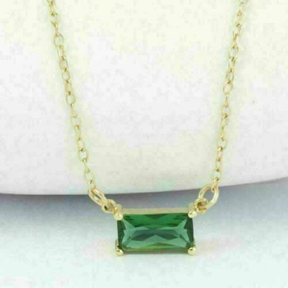 1Ct Baguette Cut Green Emerald Solitaire Pendant Necklace 14k Yellow Gold Over