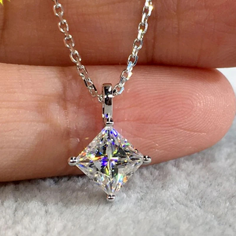 3.00 Ct Princess Cut Real Moissanite Pendant 14k White Gold Plated Free Chain