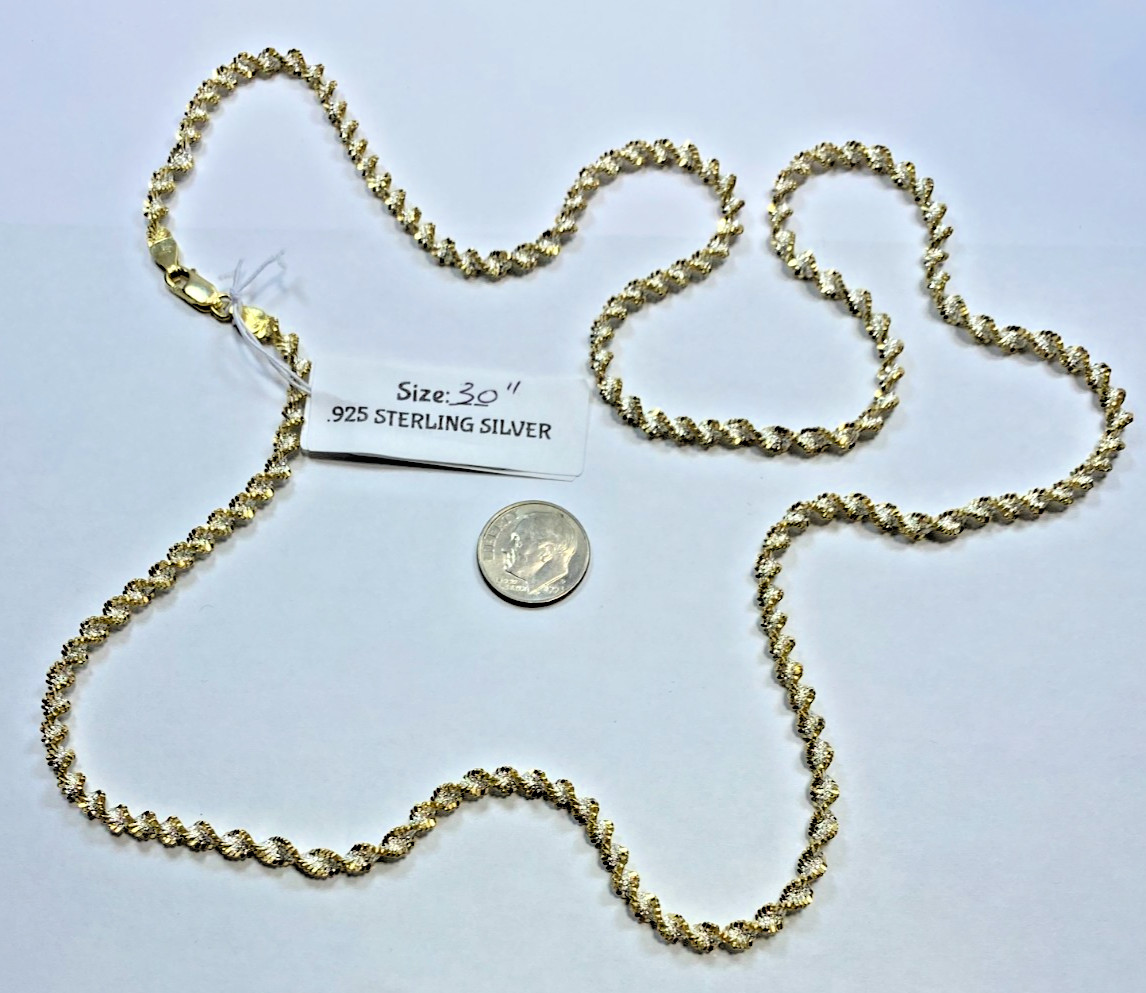22K Gold over Sterling Silver AGI Signed 2-Tone Necklace, Italy, 30″, NOS 16.6g