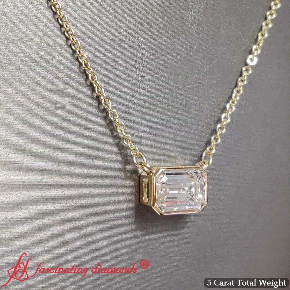 Emerald Cut Lab Grown Diamond Bezel Set Horizontal Solitaire Pendant 14K Gold